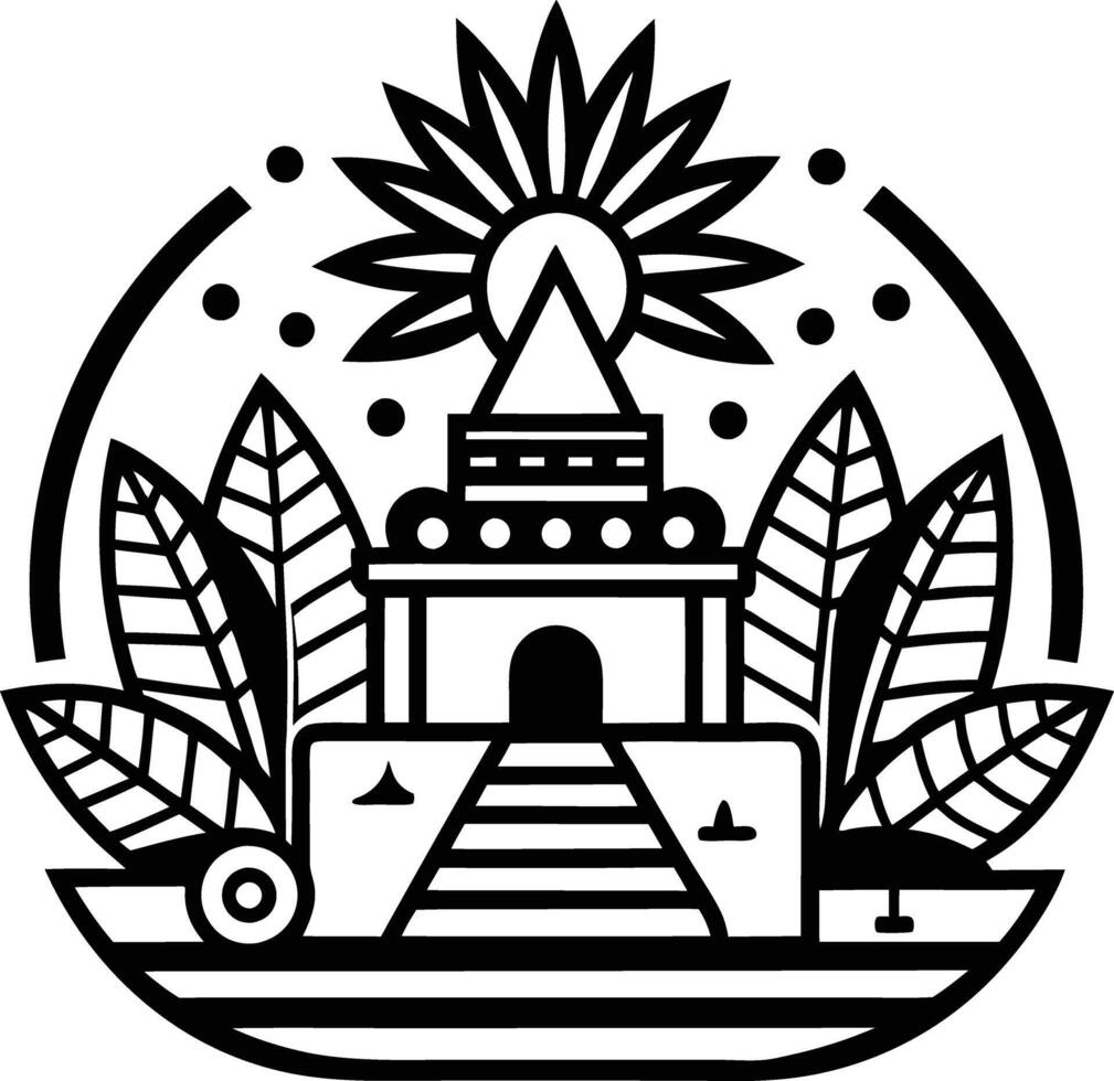 A black and white logo with a temple and a sun vector