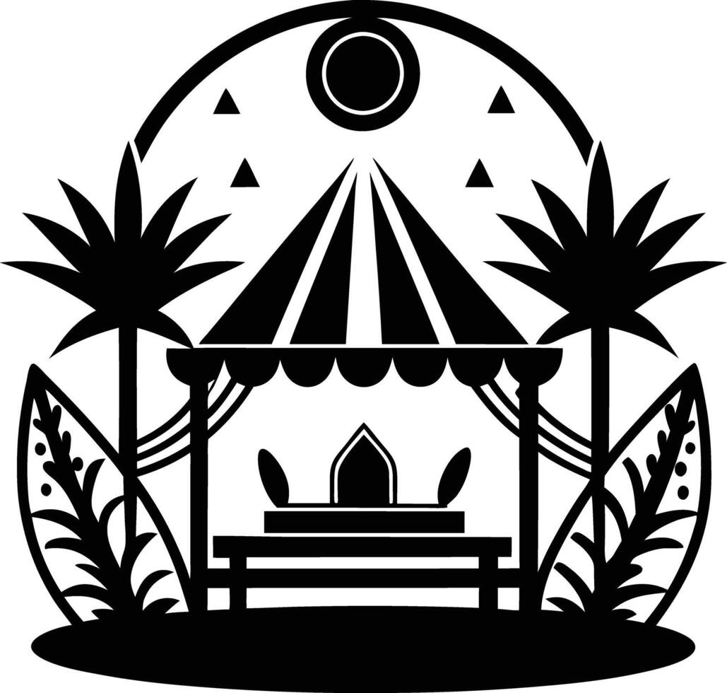 A black and white logo of a tent with palm trees vector
