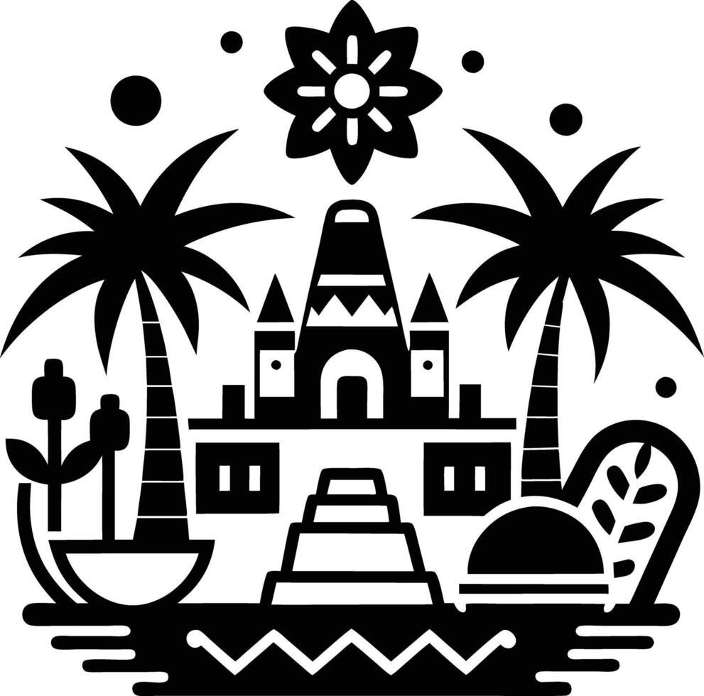 A black and white illustration of a castle and palm trees vector