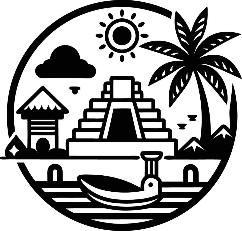 A black and white image of a boat and palm trees vector