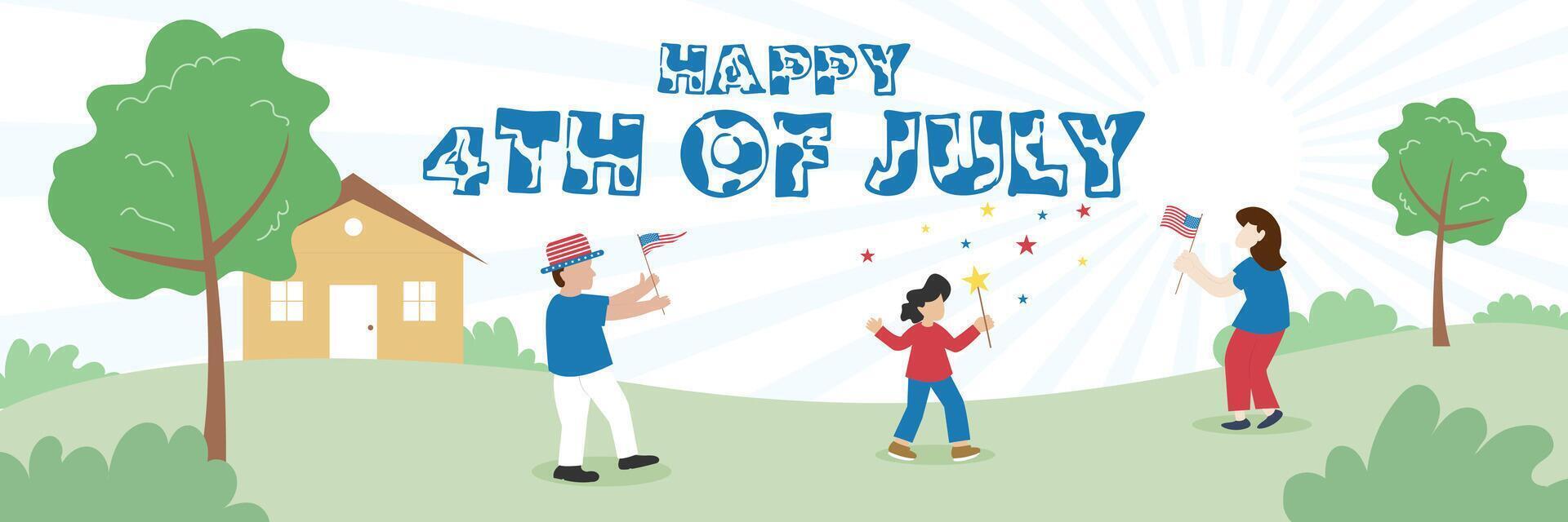 Happy 4th of July cartoon Flat illustration with family celebrating outdoors, children with sparklers and flags, festive summer scene in a suburban park, perfect for independence day Design. vector