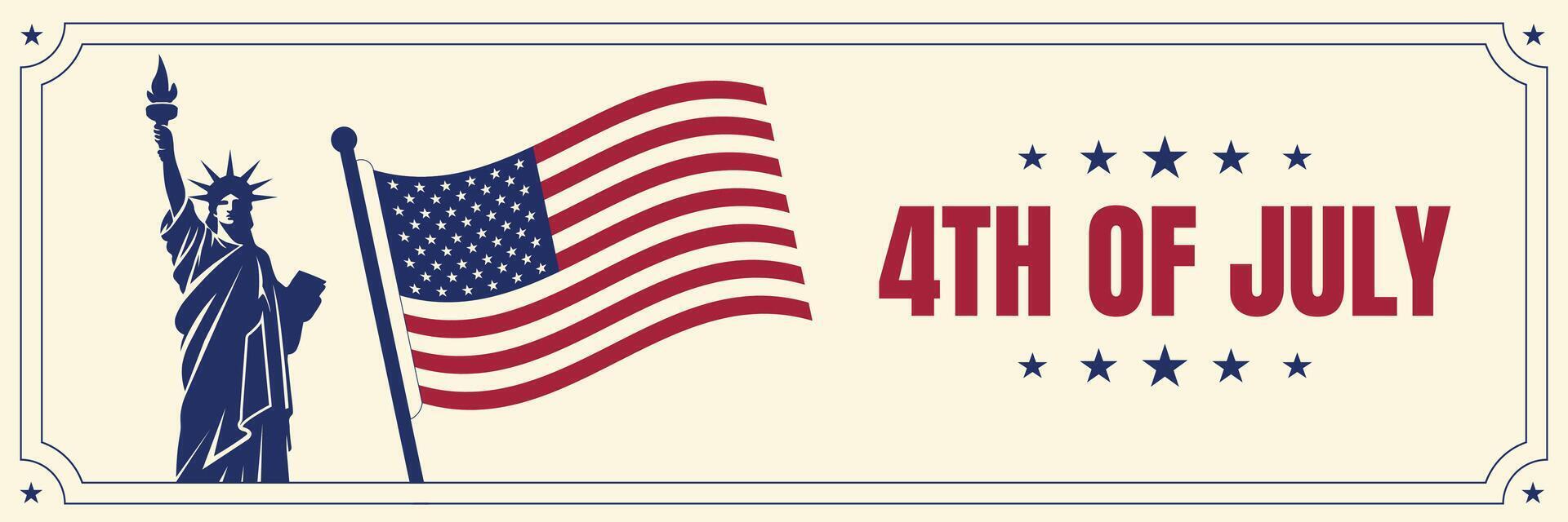 4th of July Independence Day banner featuring Statue of Liberty and American flag, vintage patriotic design with stars, red white and blue color scheme, United States national holiday concept. vector