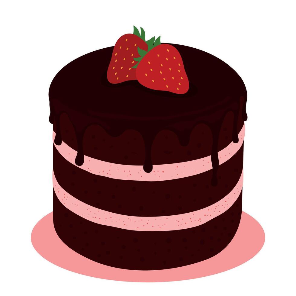 Illustration of a layered chocolate cake filled with strawberry cream and decorated with strawberries vector