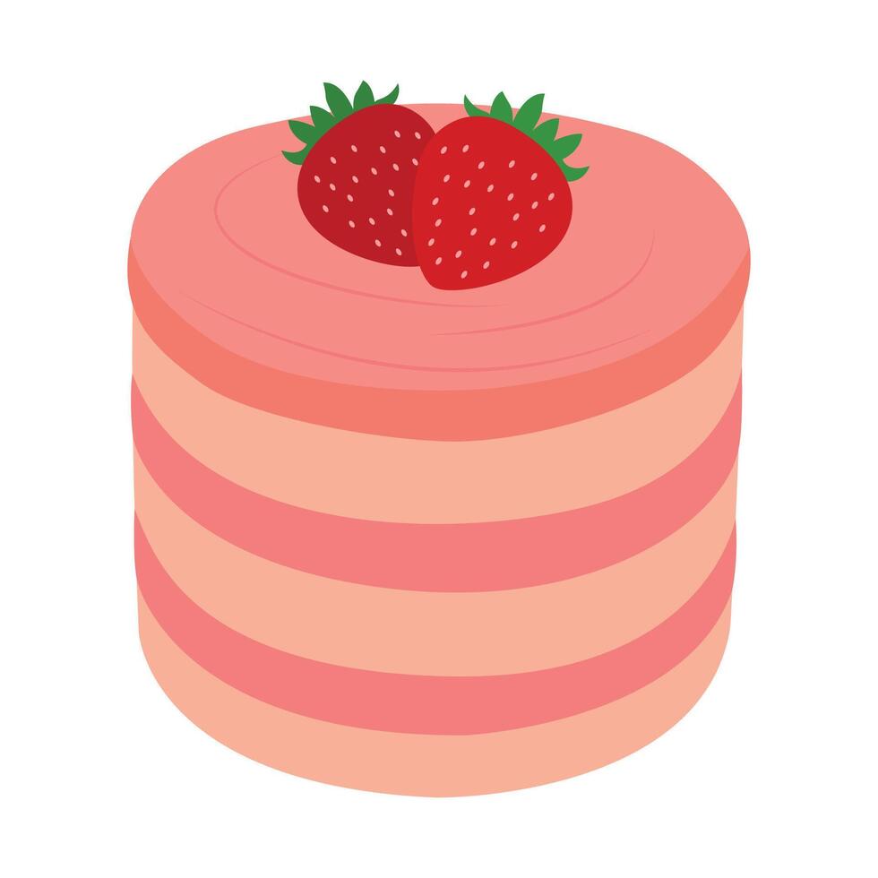 Illustration of a layered strawberry cake filled with strawberry cream and decorated with strawberries. vector