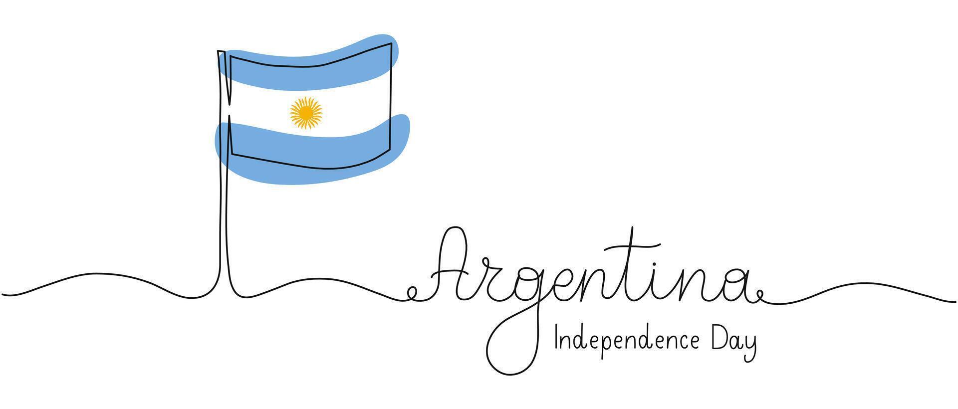 Argentina Independence Day one line art background with flag and sun. Editable stroke hand drawn lettering. Text banner template. Outline drawing with typography. Celebration National symbols vector