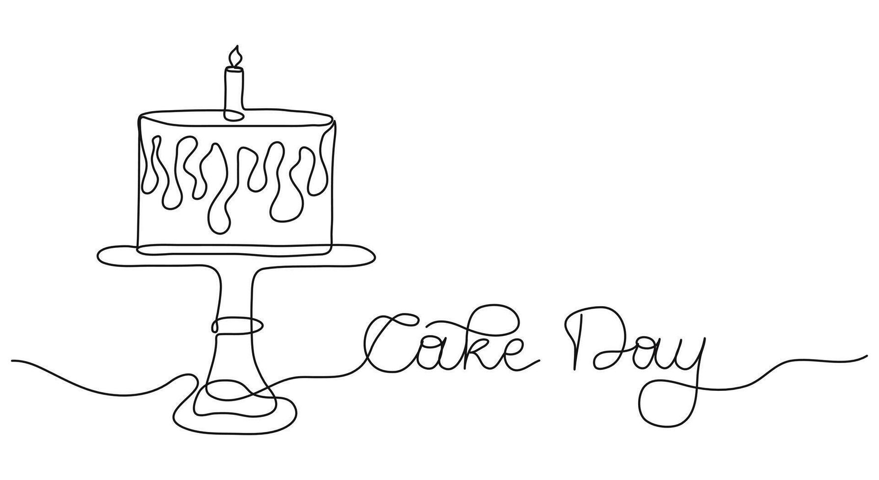 International Cake Day words in continuous one line art style. Minimalist black drawing on white background. Hand drawn quote with editable stroke. Outline handwritten script. Dessert, Sweet pastries. vector