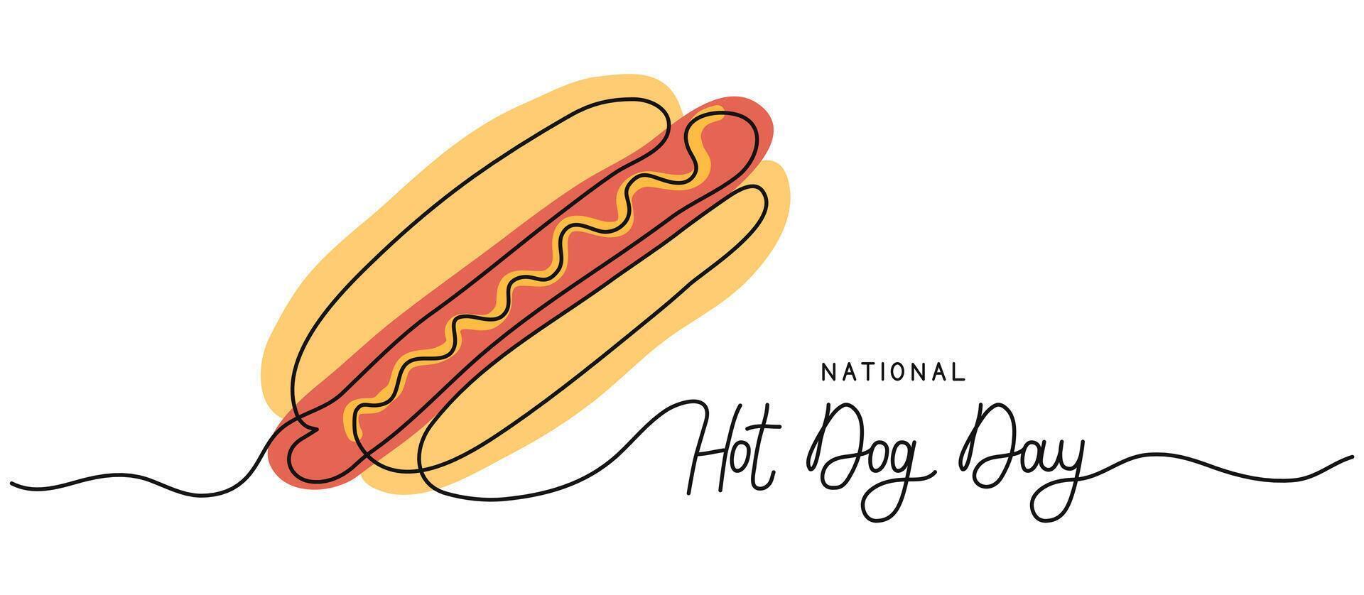 National Hot Dog Day one line art background with food. Editable stroke hand drawn lettering. Text banner template. Outline drawing with typography poster card. vector