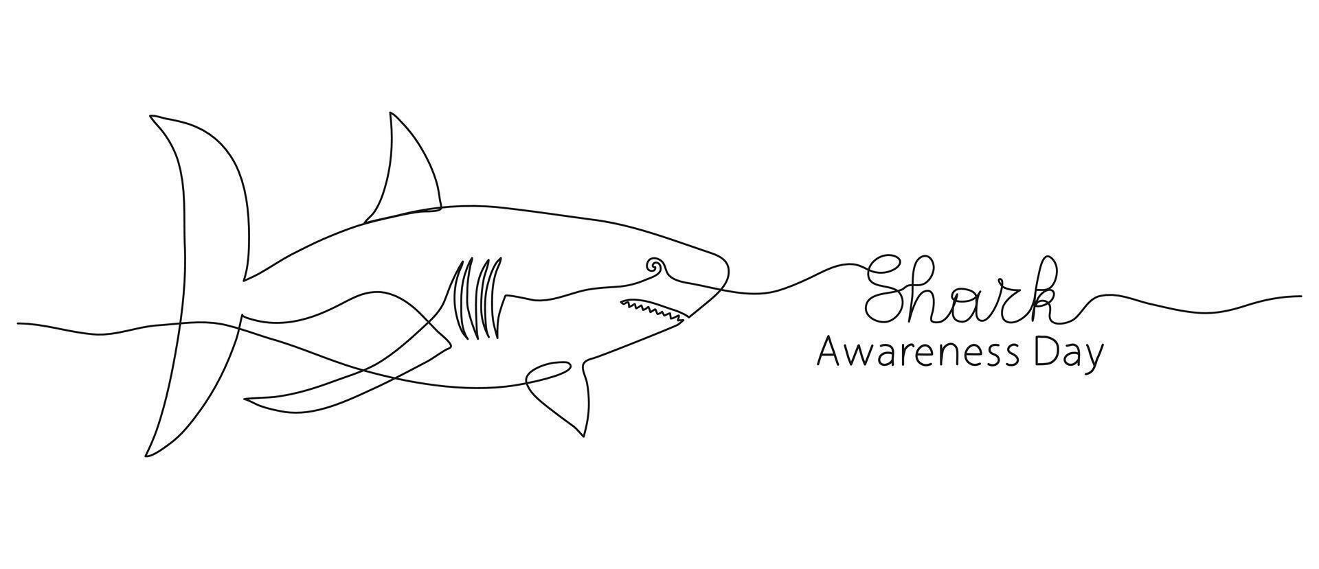 Shark Awareness Day one line art background with. Editable stroke hand drawn lettering. Text banner template. Outline drawing with typography for banner poster card. vector