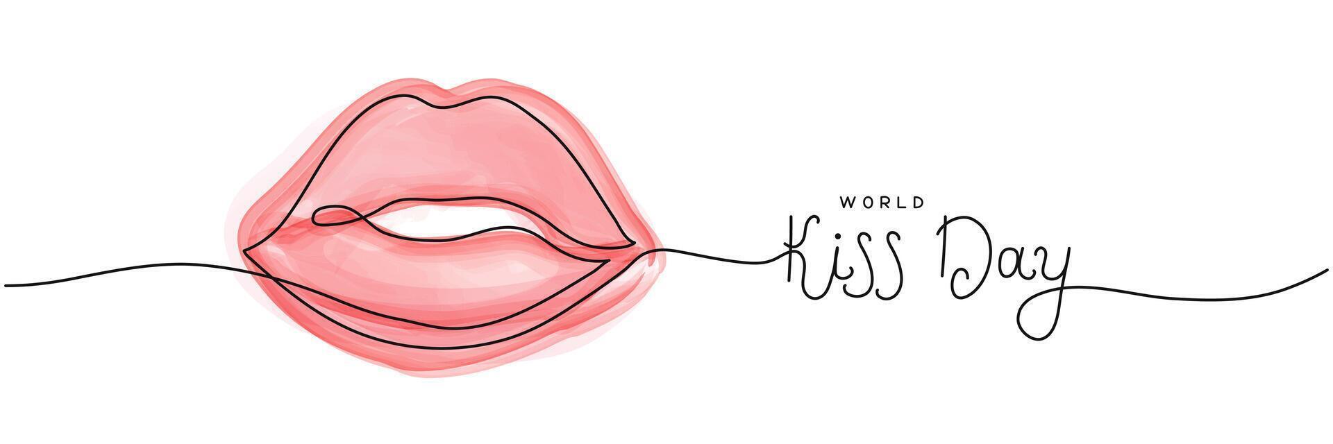 World kiss day one line art background with watercolor red lips. Editable stroke hand drawn lettering. Text banner template. Outline drawing with typography vector