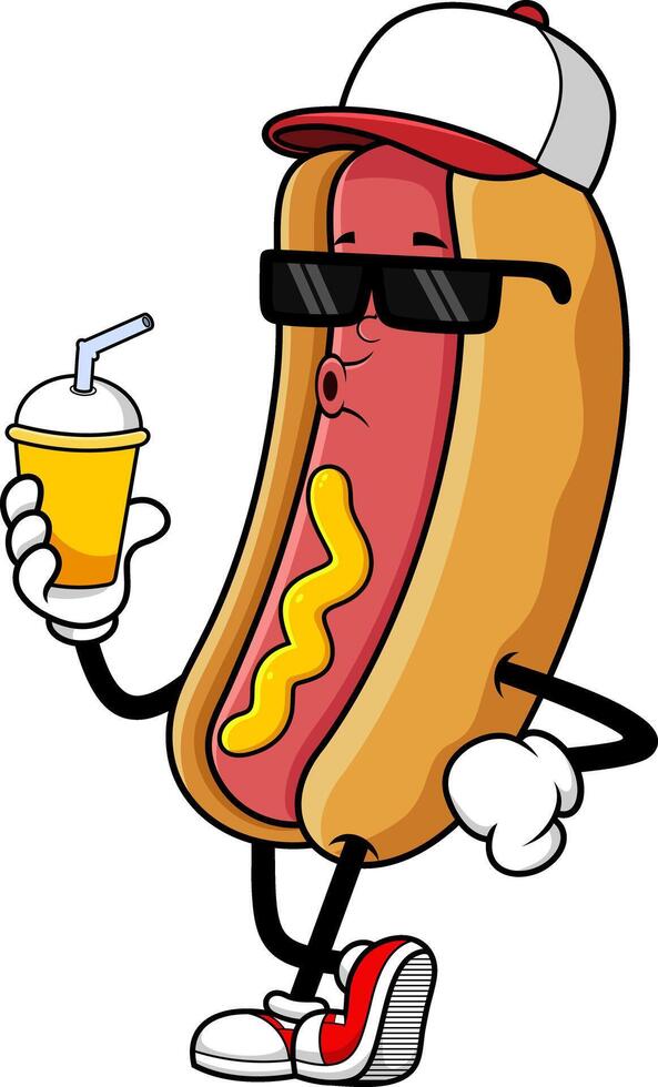 Stylish Hot Dog Character In Sneakers Sipping Cold Drink vector