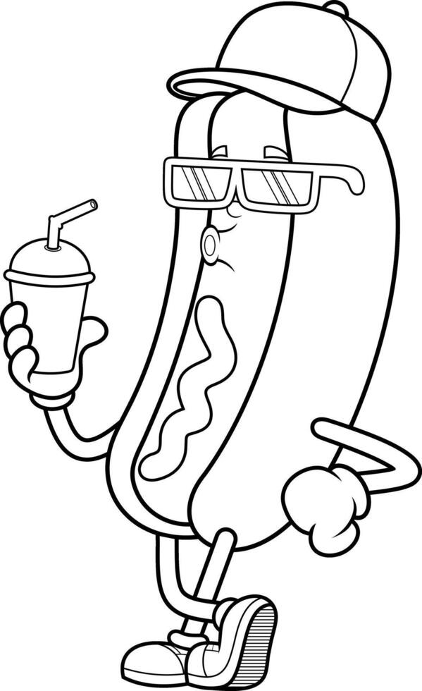 Black And White Cartoon Hot Dog With Sunglasses And Drink vector