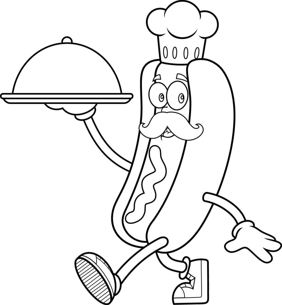 Outlined Hot Dog Character With Mustache Carrying Covered Dish vector