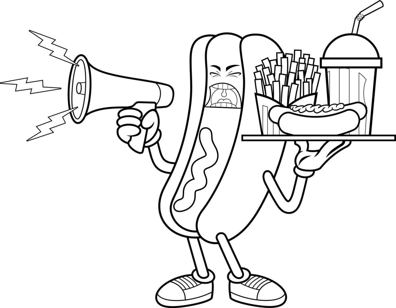 Black And White Angry Hot Dog Character With Megaphone And Fast Food vector