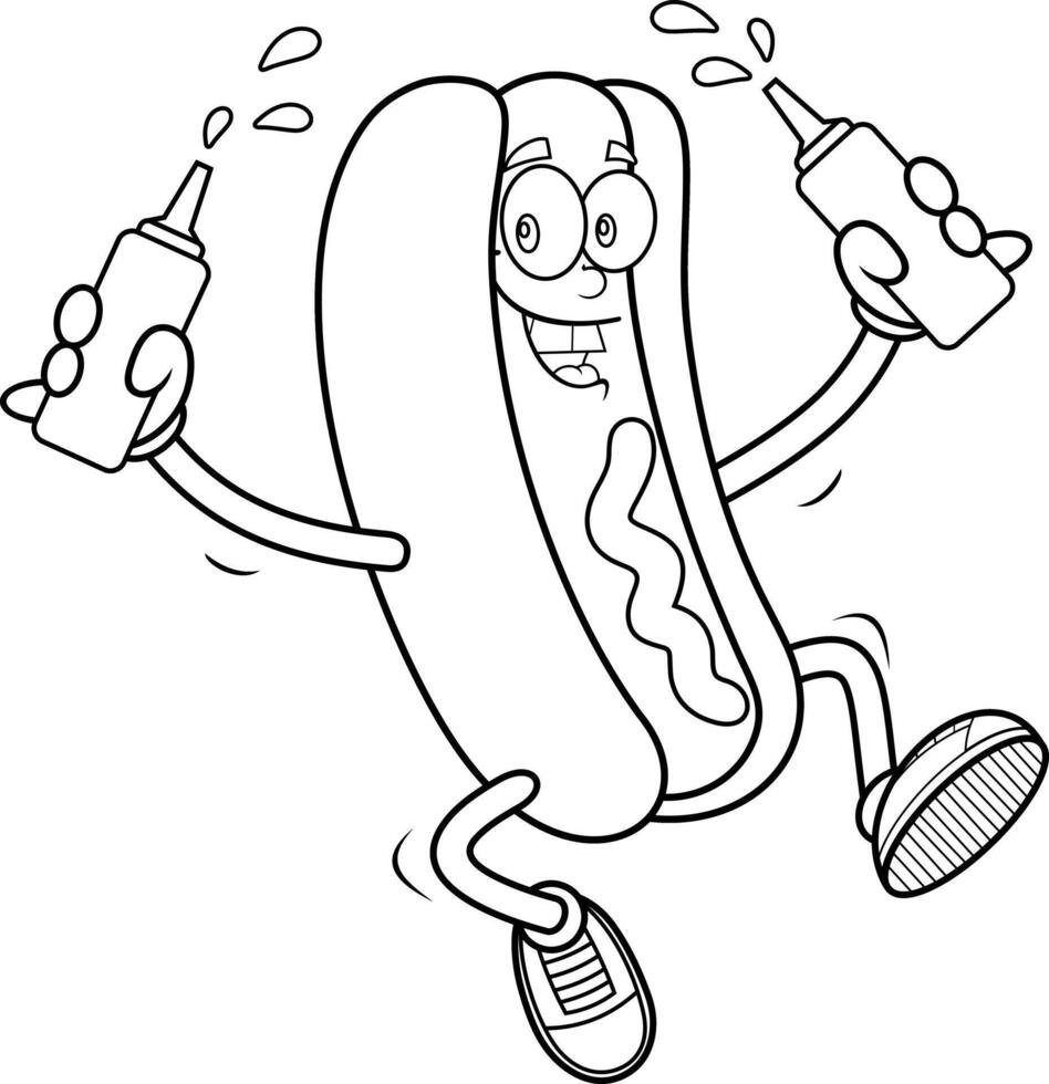 Black And White Cartoon Hot Dog Jumping With Ketchup And Mustard vector