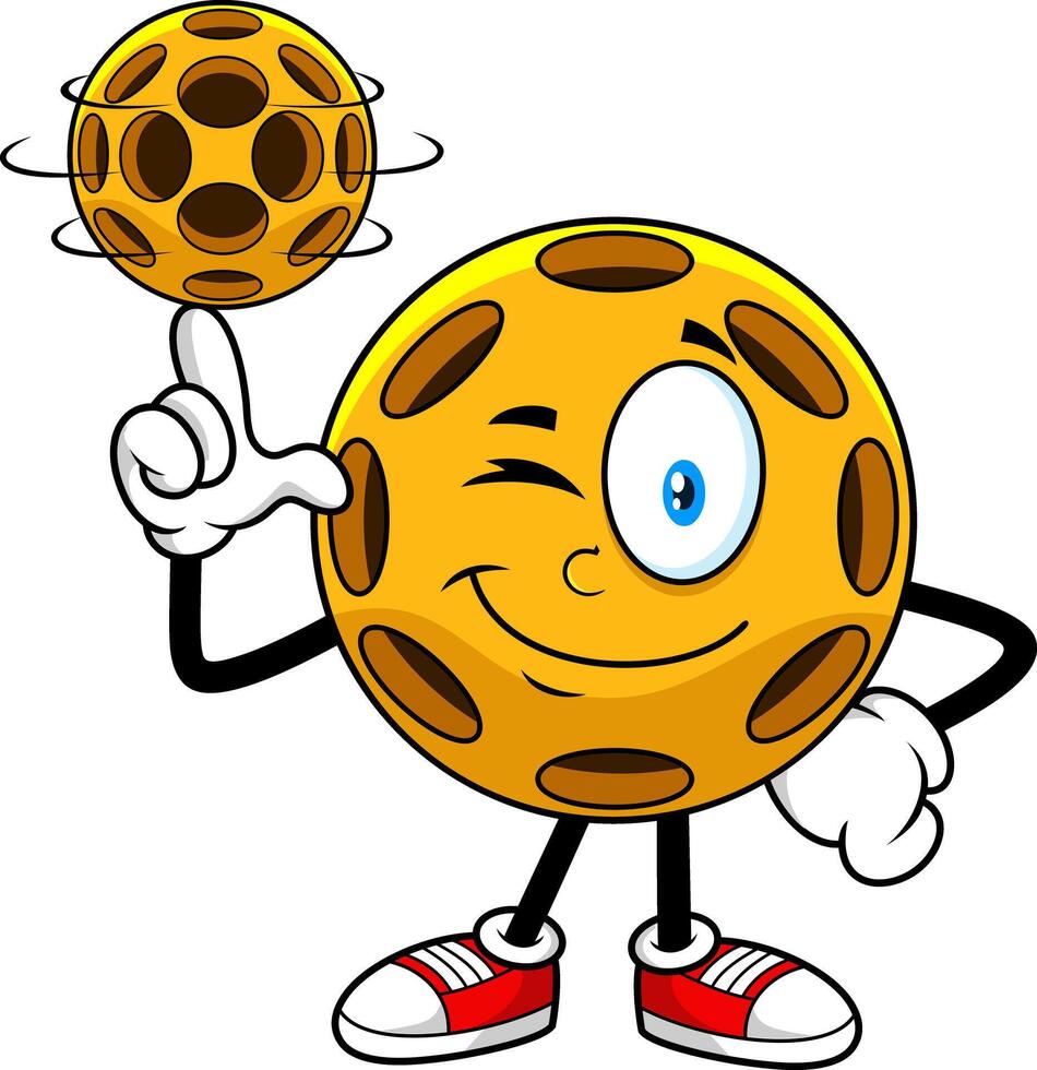 Winking Pickleball Character Spinning Ball On Finger With Red Sneakers vector