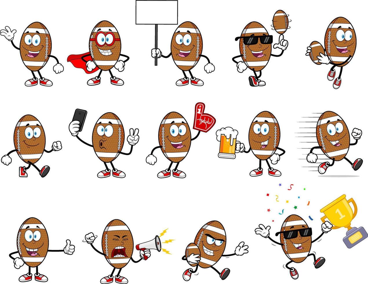 Happy And Angry American Football Characters In Sport And Celebration Scenes vector