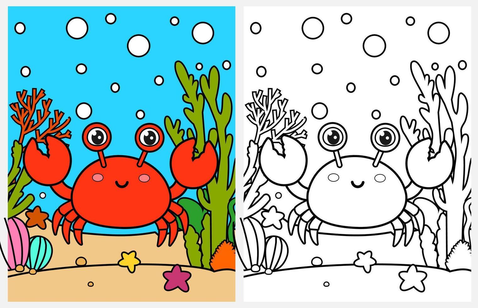 Cute cartoon crab underwater coloring page for kids, summer coloring pages for kids vector