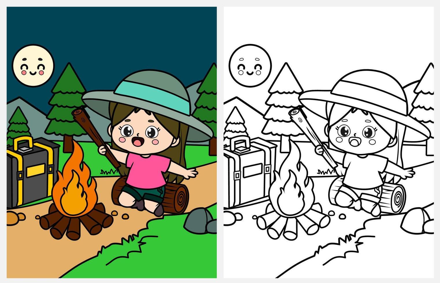 Happy girl on a summer camping coloring page for kids, summer coloring pages for kids vector