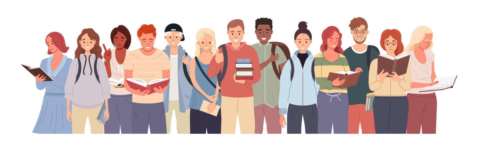 Group of diverse college students with backpacks and books. Young classmates in casual clothes standing together vector