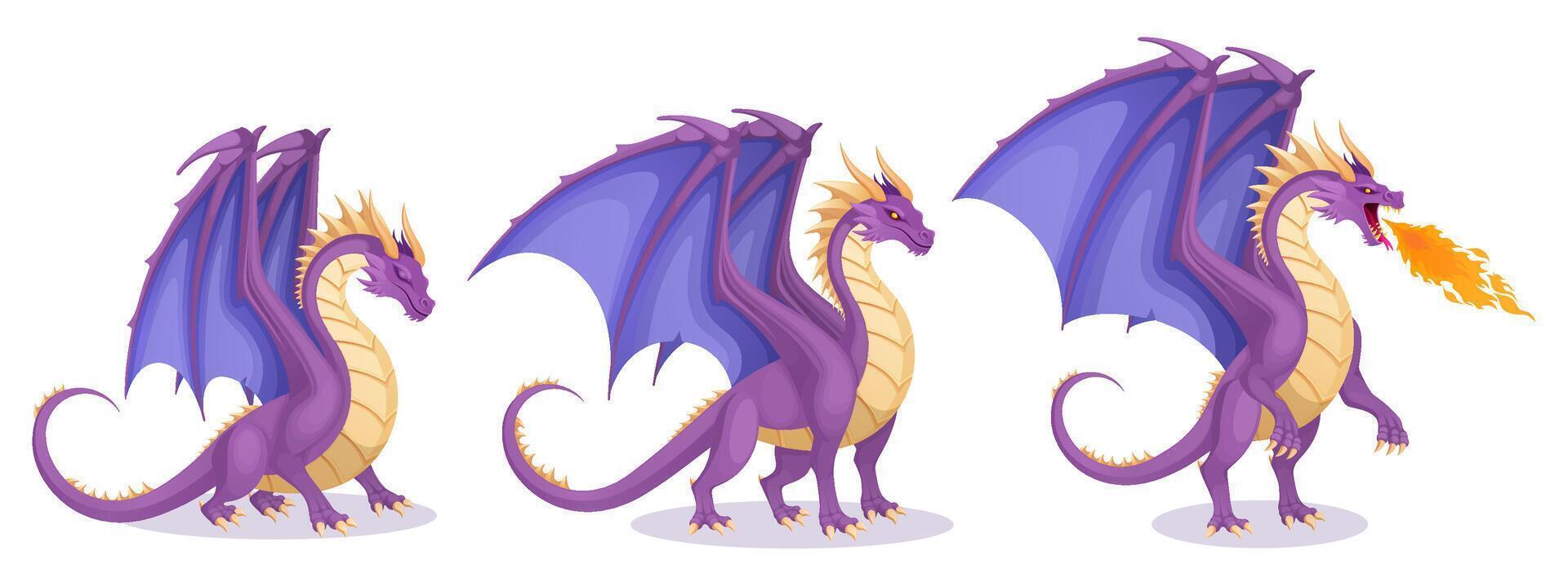 Cartoon fantasy dragon characters set. Mythological creature sleeping, awakened and breathing with fire illustration. Purple and yellow fairy reptile with wings, tail, paws, claws and teeth vector
