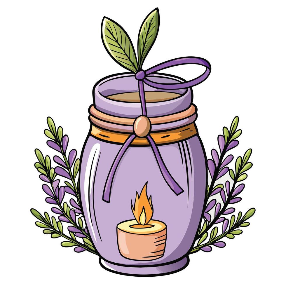 Cottagecore a jar with a candle and lavender leaves vector