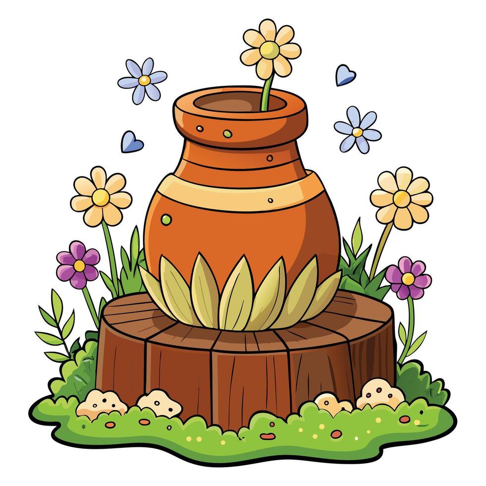 Cottagecore a clay pot with flowers on top of a stump vector