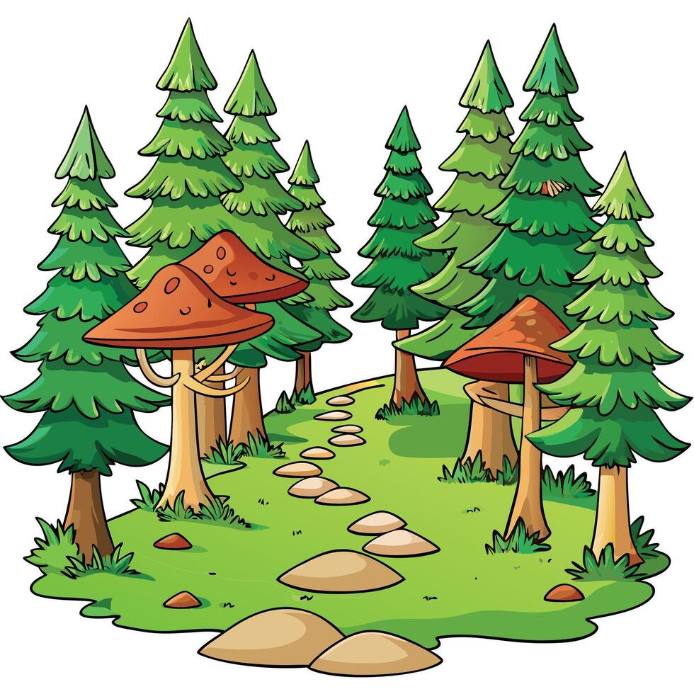 cartoon path in the forest with mushrooms vector
