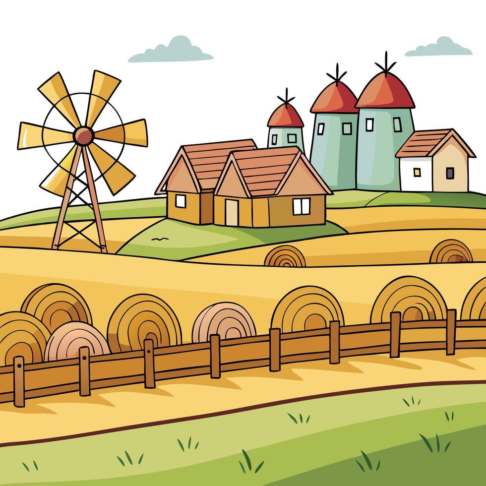farm landscape with windmill and hay bales Cottagecore vector