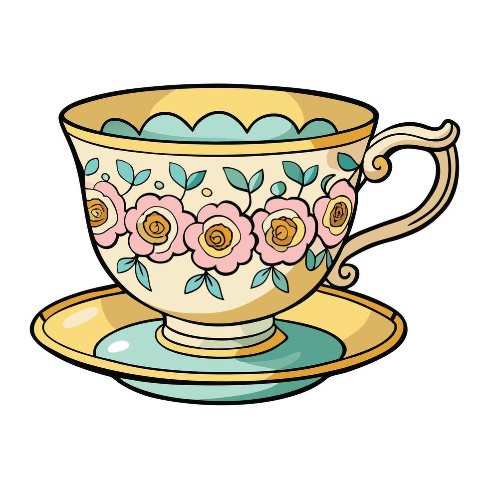Cottagecore an illustration of a tea cup with roses vector