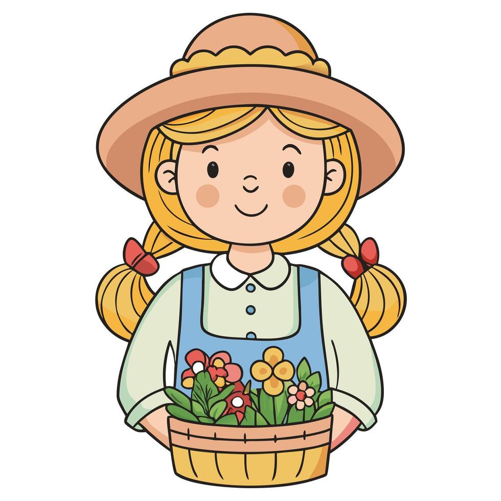 a cartoon girl holding a basket of flowers Cottagecore vector