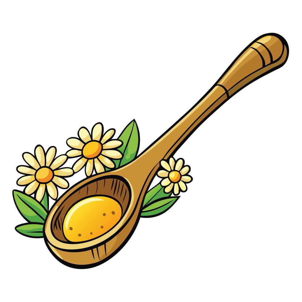 Cottagecore illustration of a wooden spoon with honey and flowers vector