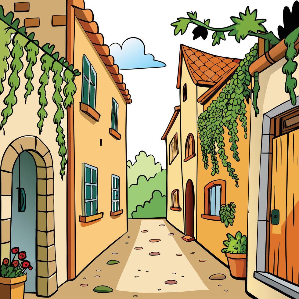 Cottagecore cartoon illustration of a street in a village vector