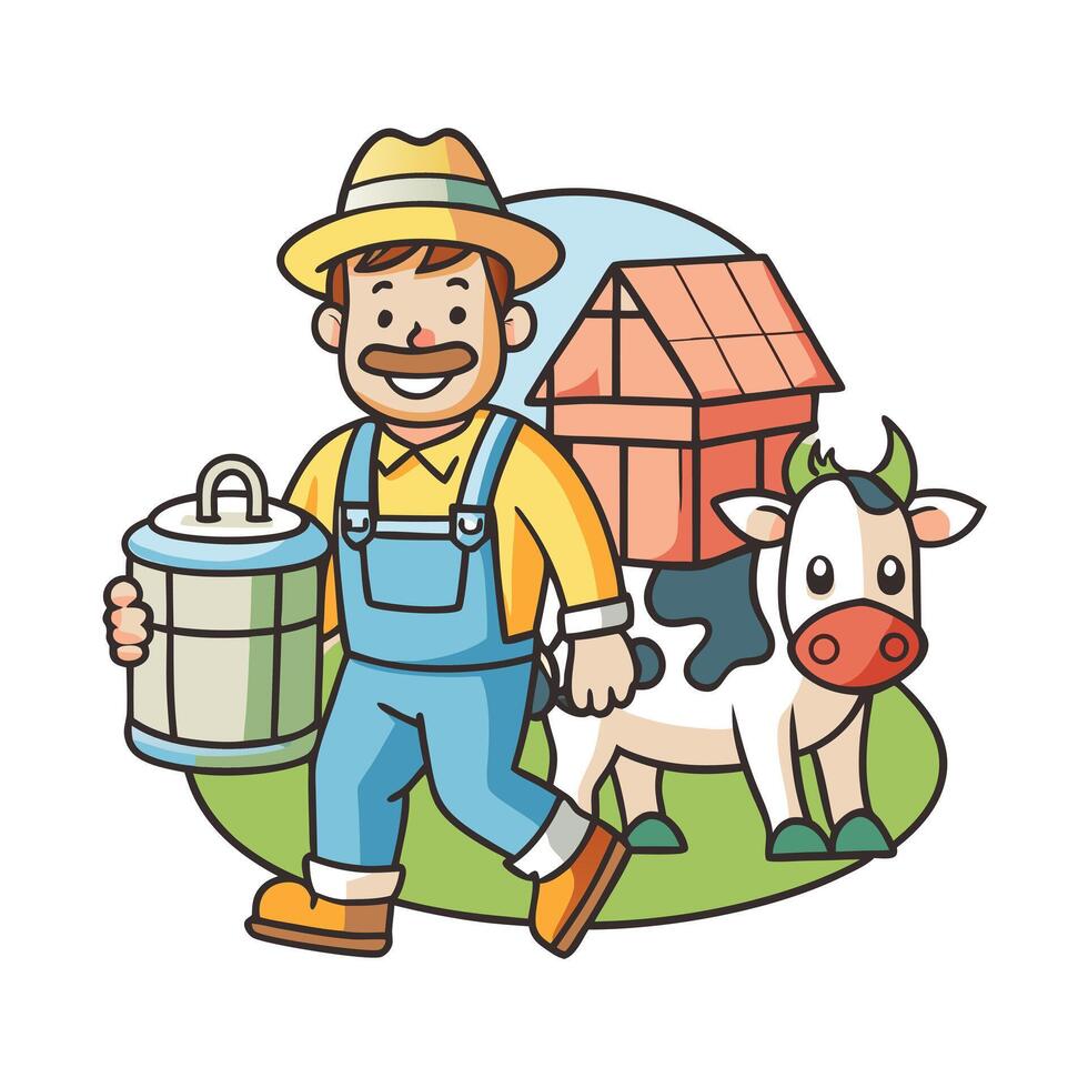 farmer with milk can and cow Cottagecore illustration vector