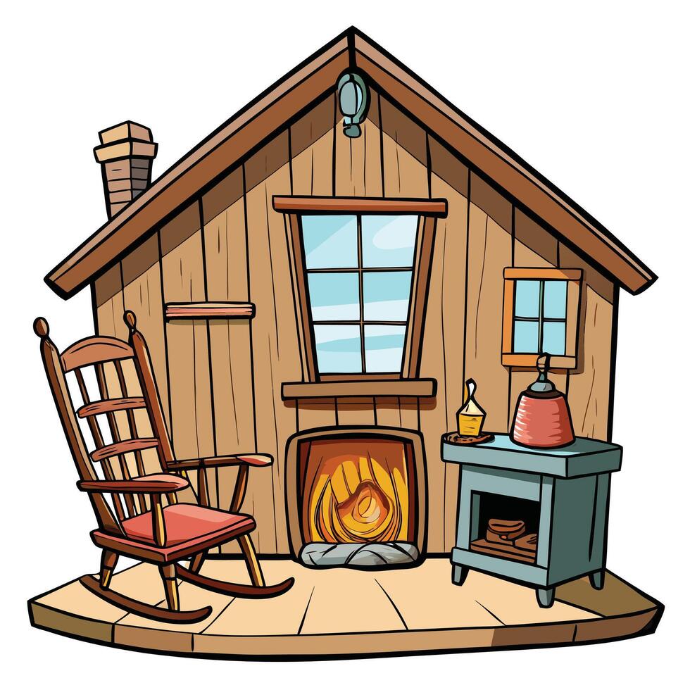 Cottagecorea cartoon house with a fireplace and rocking chair vector