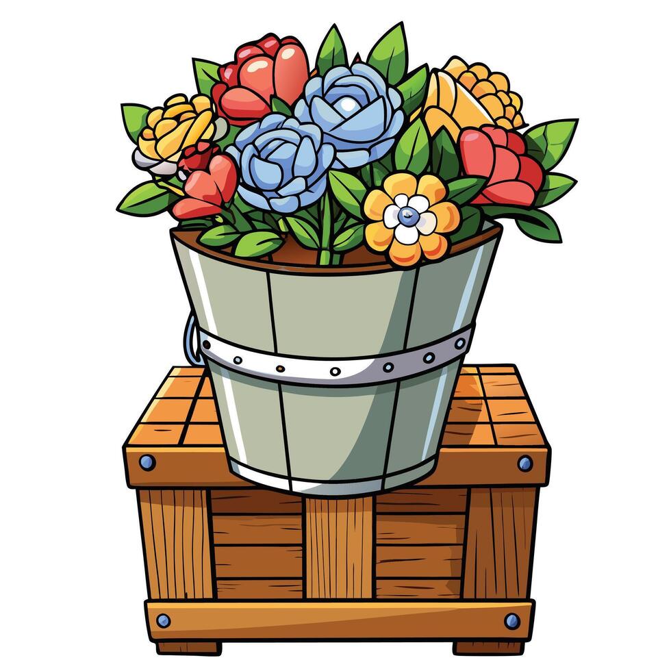 Cottagecore a flower pot with flowers in it on a wooden box vector