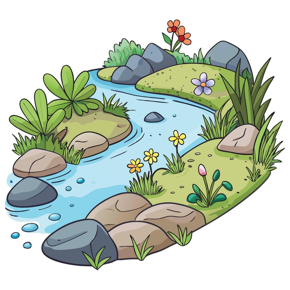 Cottagecore illustration of a river with flowers and rocks vector