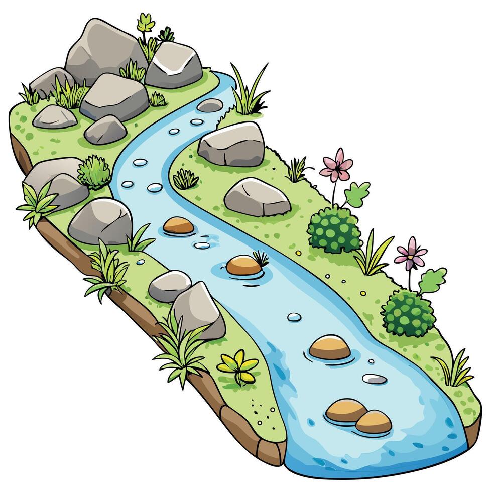 Cottagecore illustration of a river with rocks and plants vector
