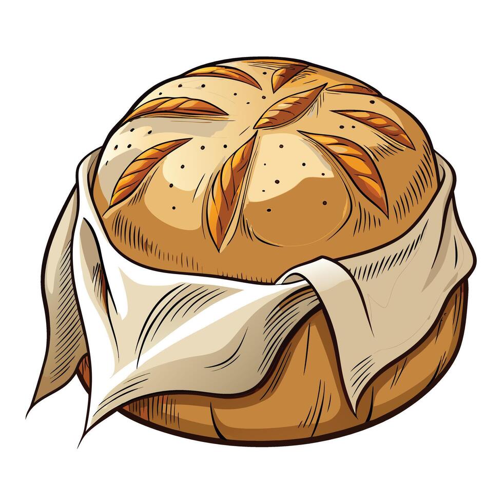 Cottagecore illustration of bread with a cloth on a white background vector