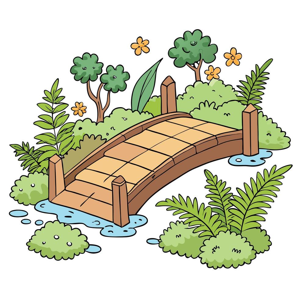 Cottagecore a cartoon bridge over a stream and plants white background vector