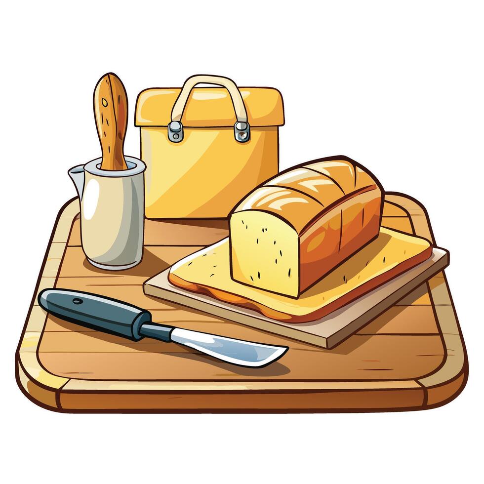 bread and butter on a cutting board Cottagecore illustration vector