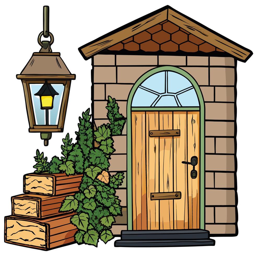 Cottagecore a wooden house with a lantern and a door vector
