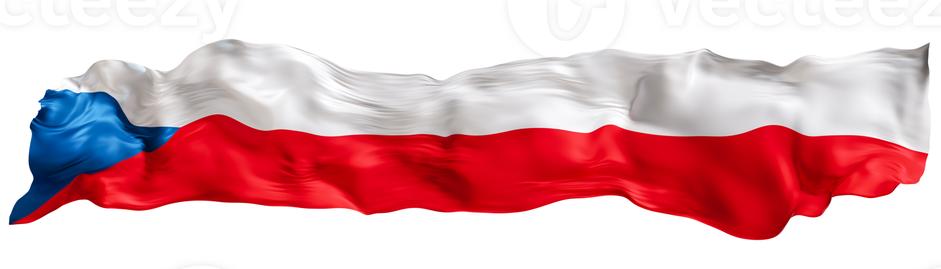 Stylized flag of Czech Republic waving in the wind on transparent background. Footer, header or divider. Cut out wide, panoramic element. Banner for patriotic themes or national event promotions. png