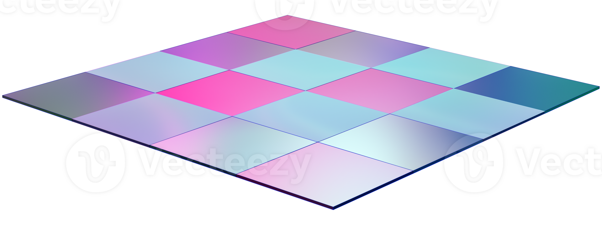 Vibrant side view of neon lighted disco floor with patterned tiles in pink and blue tones. Isolated on transparent background. Lively design evokes festive dance atmosphere png