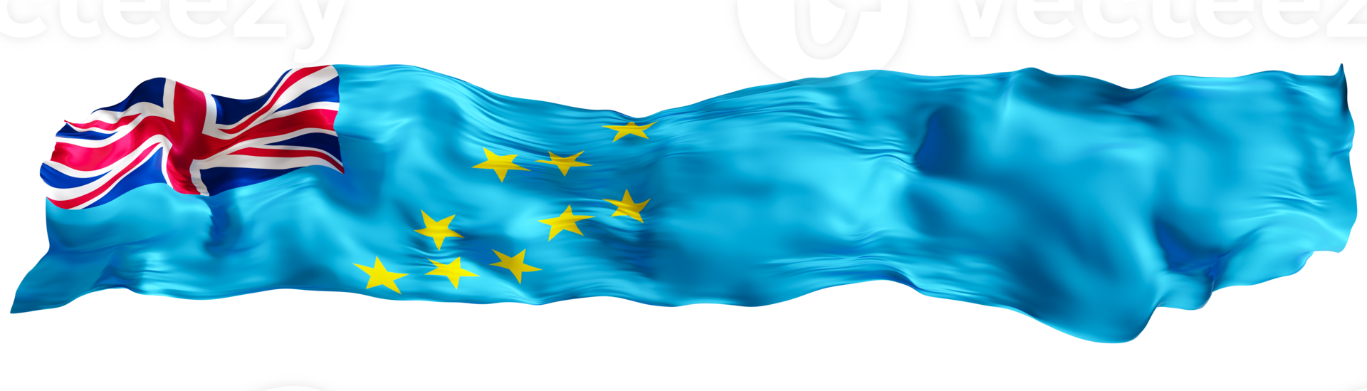 Stylized flag of Tuvalu waving in the wind on transparent background. Footer, header or divider. Cut out wide, panoramic element. Banner for patriotic themes or national event promotions. 3D. png