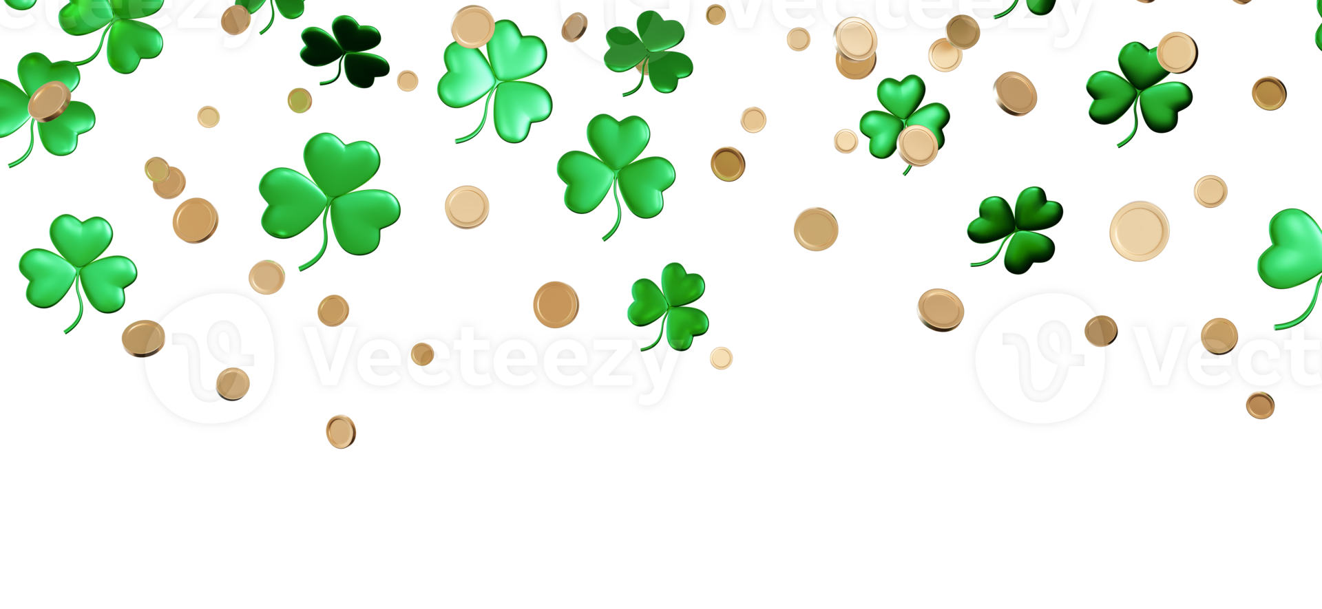 Vibrant green clovers and shiny coins falling down and creating a lively pattern against transparent background, perfect for celebrations and good luck themes. Header, top border. png