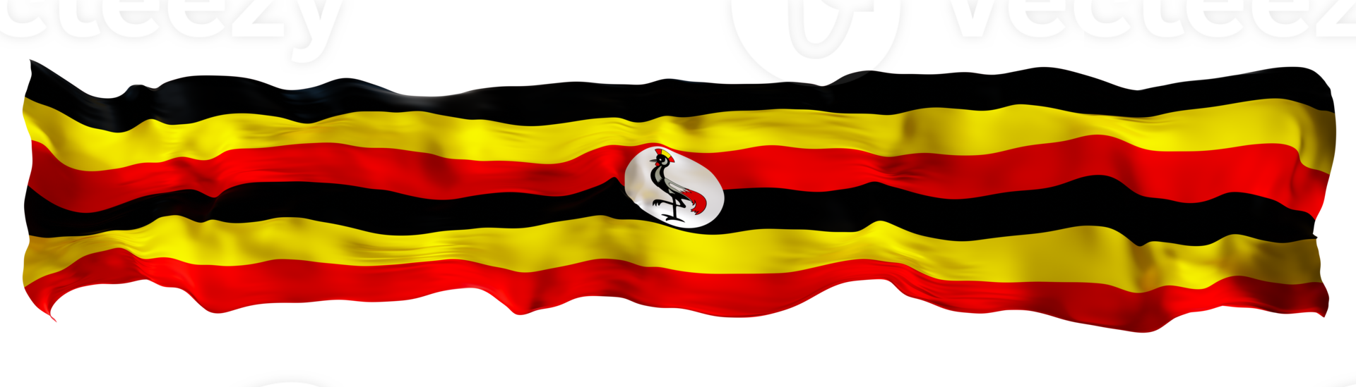 Stylized flag of Uganda waving in the wind on transparent background. Footer, header or divider. Cut out wide, panoramic element. Banner for patriotic themes or national event promotions. 3D. png