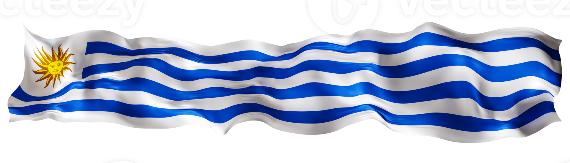 Stylized flag of Uruguay waving in the wind on transparent background. Footer, header or divider. Cut out wide, panoramic element. Banner for patriotic themes or national event promotions. 3D. png