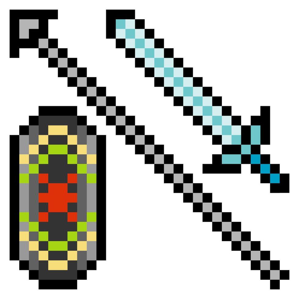 Tribal shield, spear and sword in pixel art isolated on white background vector