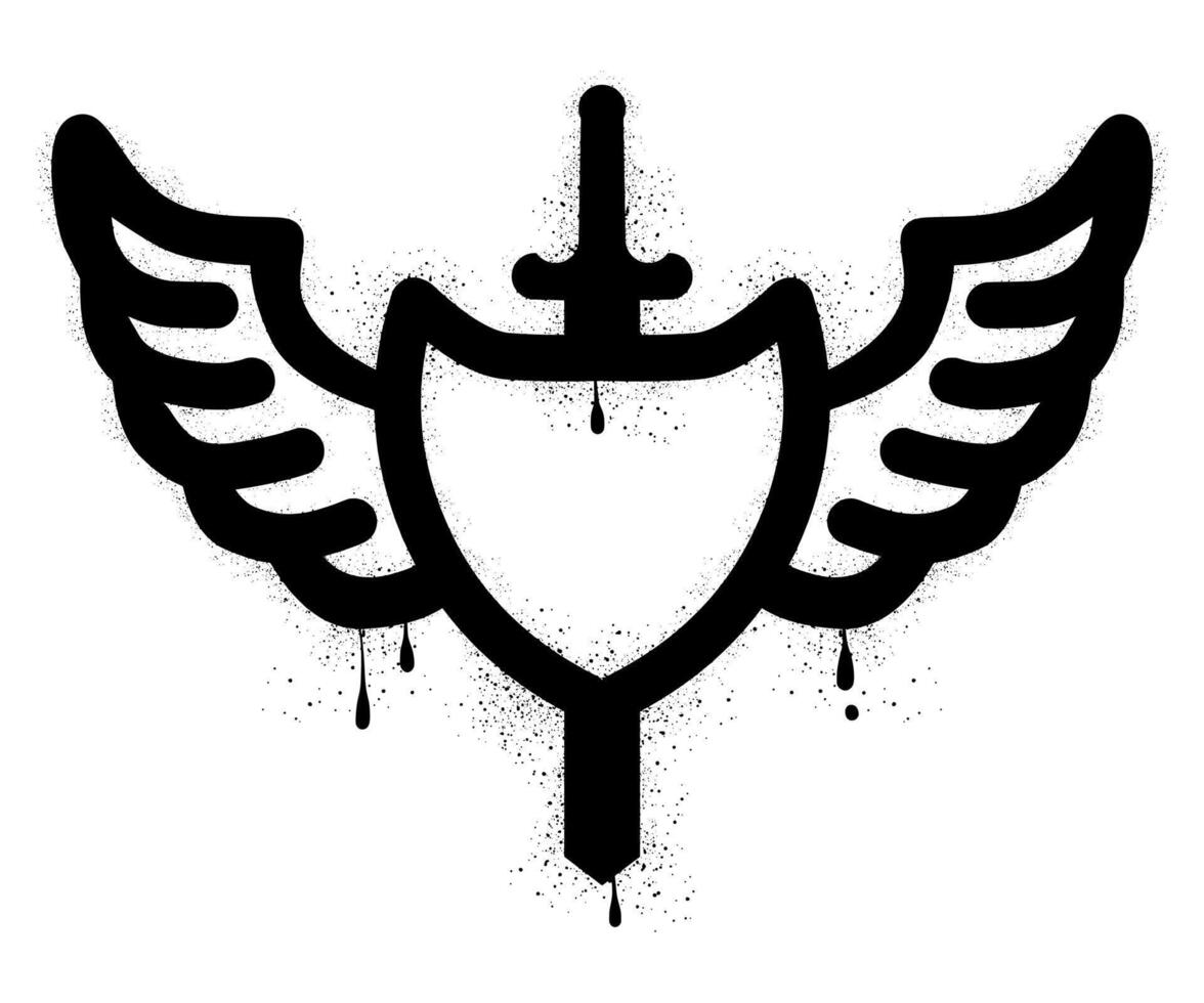 Shield with wings and sword hand drawn with black spray paint graffiti vector