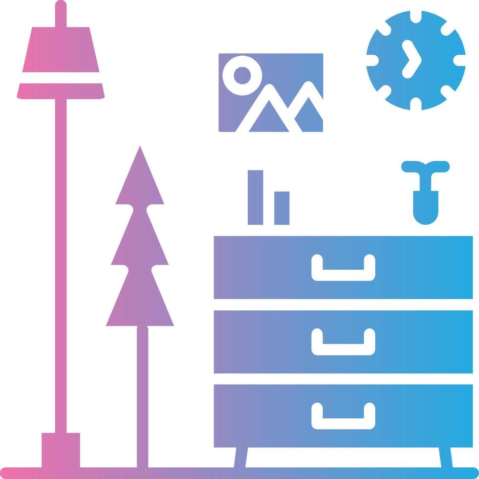 A blue and pink icon of a desk, clock, and other items vector